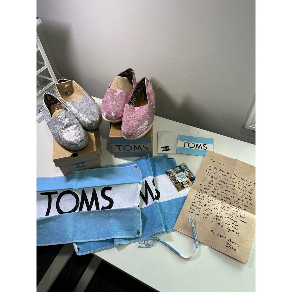 TOMS Womens 6.5 Classic Alpargata Glitter Bundle Pink Silver 2‎ Pairs Boxes Flag